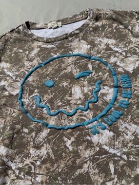 Kids Short Sleeve Tee with Blue Smiley Graphic - Olive Camo